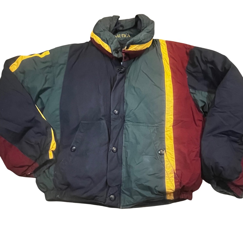 Vintage Nautica Reversible Down Puffer Jacket Mens Medium Colorblock Navy 90s